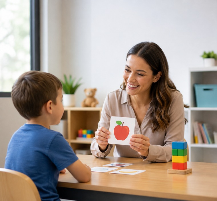A behavioral health professional and child working together with learning materials