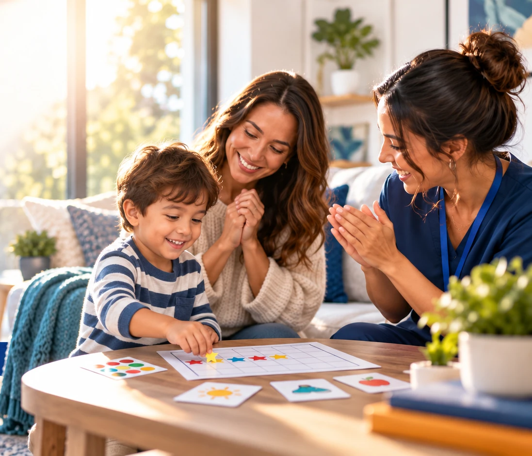 Parent, child, and behavioral health professional celebrating progress together during an at-home learning activity